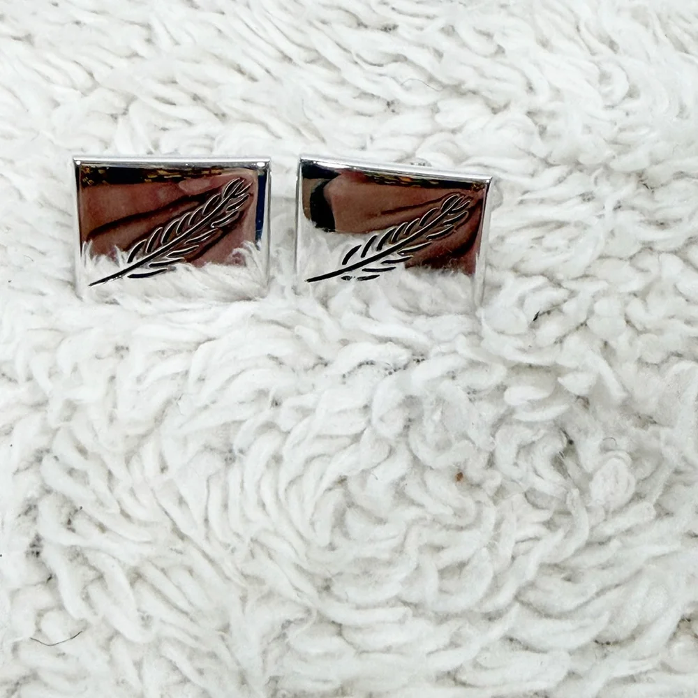 Vintage Swank Silver Tone Wheat Leaf Cufflinks Mid Century Modern MCM Signed